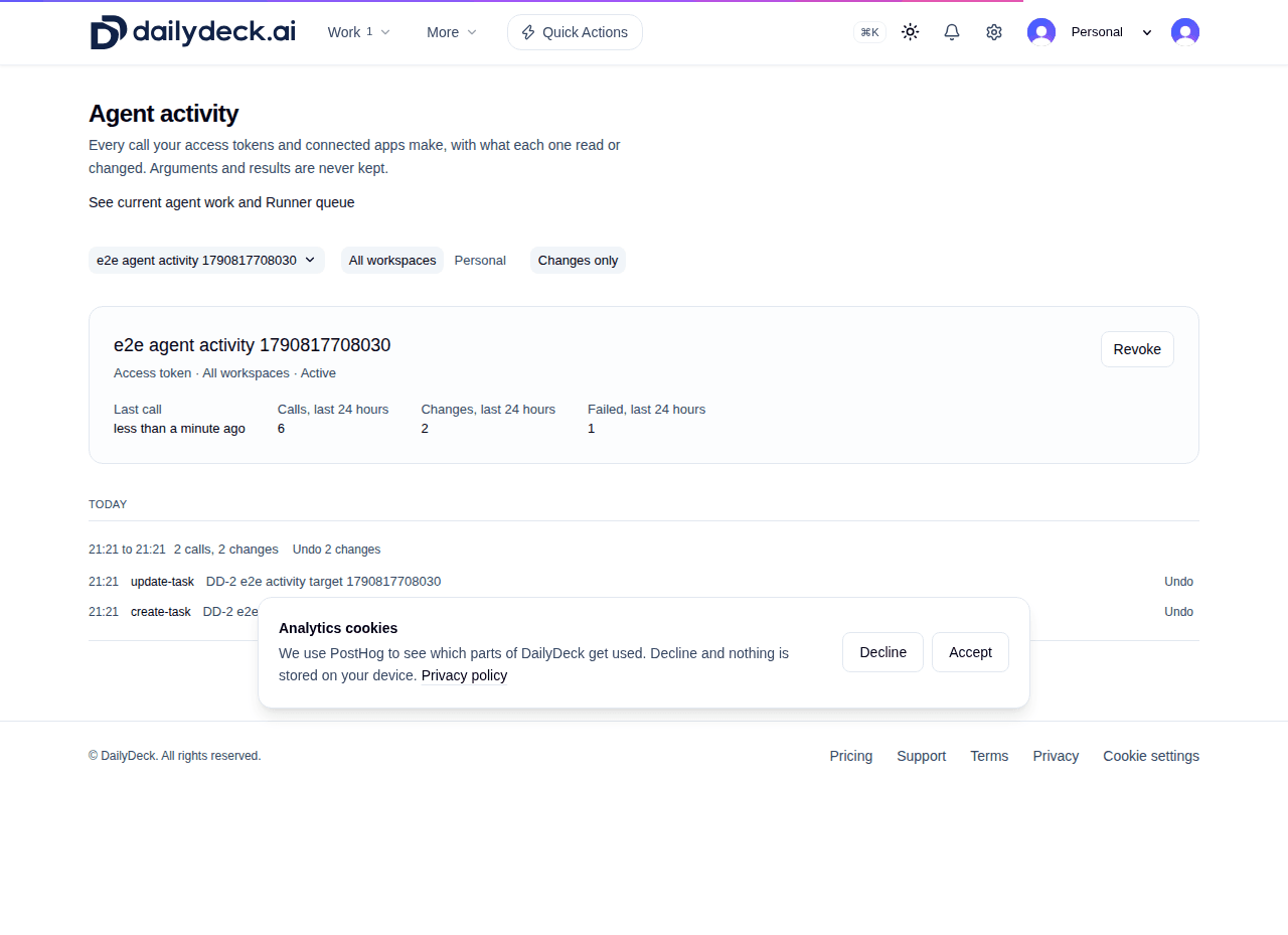 Agent activity lists two calls and two task changes attributed to a test access token