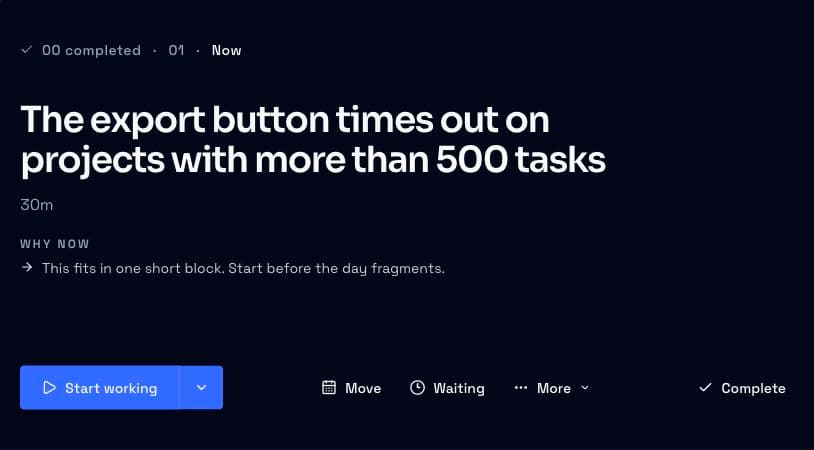 DailyDeck shows the export-button bug as the next task to work on today