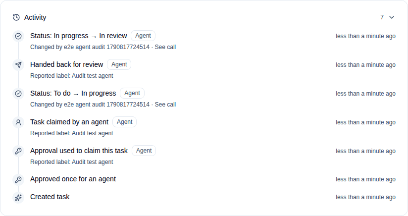 Task activity records an agent handing work back for review and changing its status to In review