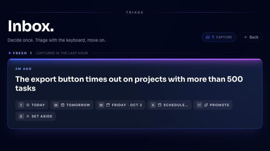 DailyDeck inbox showing the captured export-button bug with scheduling and set-aside choices